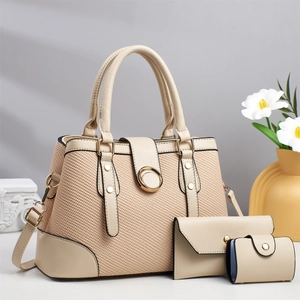 Three-piece beige tote bag set including handbag, clutch and wallet for daily commute