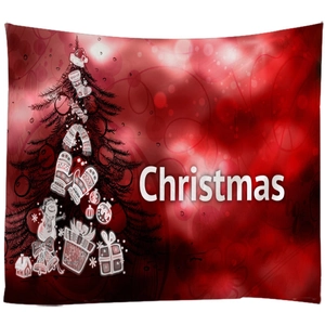 Christmas tapestry featuring a red festive tree collage with snowman and gift box motifs