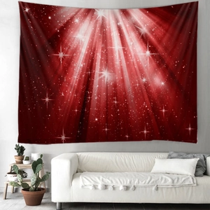 Macro shot of red Christmas wall tapestry with radial starburst pattern above a sofa