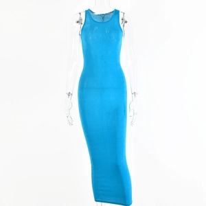 Detail view of the sleek blue sleeveless bodycon dress on a mannequin