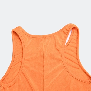 Detailed back view of orange knitted sleeveless dress showing racerback design and texture