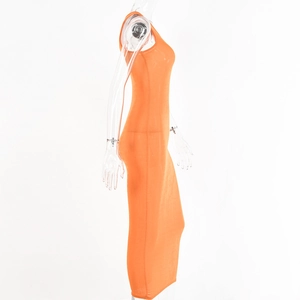 Side view of orange sleeveless bodycon midi dress on a mannequin for women