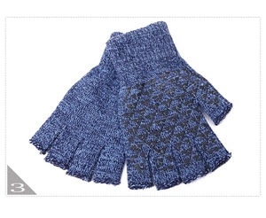 Detail of blue knit fingerless gloves with black silicone anti-slip palm dots and texture