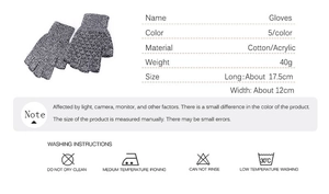 Detailed size and material specification chart for grey knitted fingerless gloves