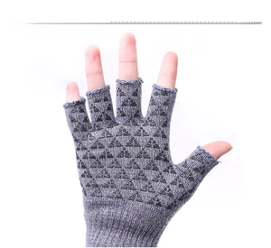 Detail of grey knitted fingerless gloves with black anti-slip silicone triangle palm grips