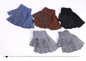 Detail of five-color knit fingerless gloves with non-slip silicone palm grips for winter