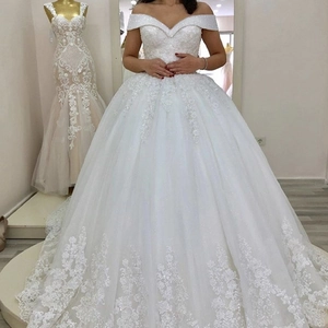 Robe De Mariée Blanche Épaules Dénudées Col En V Appliques En Dentelle Paillettes Robe De Bal Élégante Pour Femmes
