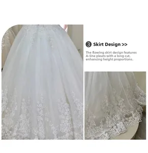 Détail de la broderie en dentelle blanche et des paillettes sur l'ourlet de la robe de mariée