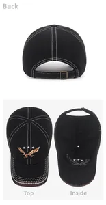 Detailed views of eagle embroidery, top crown, and adjustable bronze buckle on baseball cap