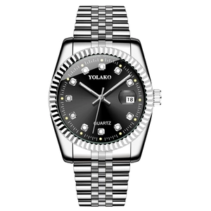 Classic silver steel quartz watch with black sunray dial and fluted bezel design