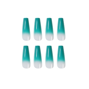 Long coffin press-on nails with blue-green gradient to white and high-gloss finish