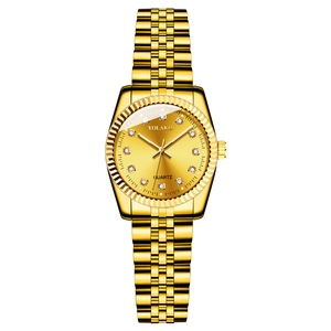 Classic gold quartz watch for men with steel link bracelet and diamond marker dial
