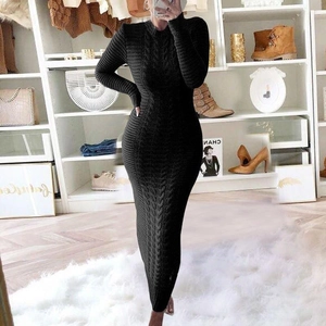 Slim fit black long sleeve cable knit dress for women with a classic round neck design