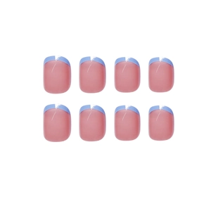 Short square press-on nails in nude jelly with blue French tips in 8-piece set layout
