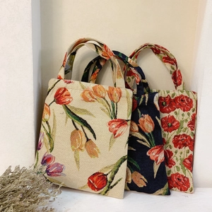 Vintage Floral Jacquard Handbag Women Retro Tulip Pattern Canvas Small Tote Bag With Zipper Closure