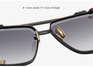 Detail of vintage square sunglasses featuring metal double bridge and gold nose pads