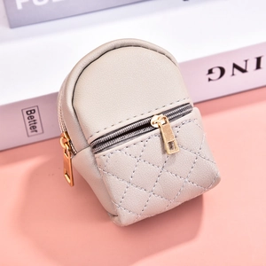 Mini quilted PU leather backpack coin purse with golden zippers in taupe finish