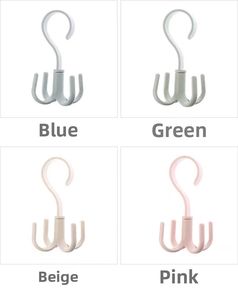 Rotating four-prong organizer hooks in blue green beige and pink for scarves and bags
