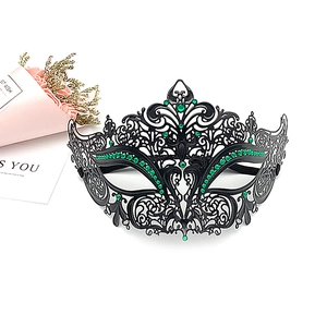 Detail of laser-cut black metal masquerade mask with vibrant green crystal accents