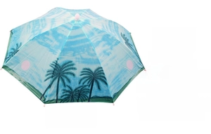 Close-up of coconut tree print on outdoor fishing umbrella hat with blue sky design