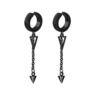 Punk black titanium steel earrings with hollow triangle and long cone drop pendants