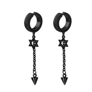 Punk black stainless steel hoop earrings with hexagram stars and chain cone charms