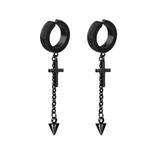 Black stainless steel hoop earrings with cross and cone charms in punk gothic style