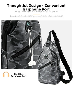 Détail du sac bandoulière camouflage gris avec port pour écouteurs fonctionnel à l'avant