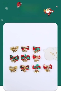Detailed view of assorted Christmas bow bells with plaid patterns and holly leaf accents