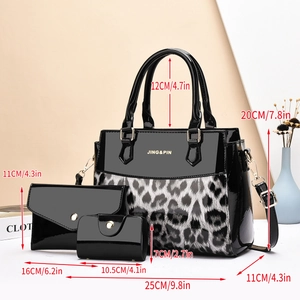Detailed dimension guide for three-piece leopard print tote bag and pouch set in black