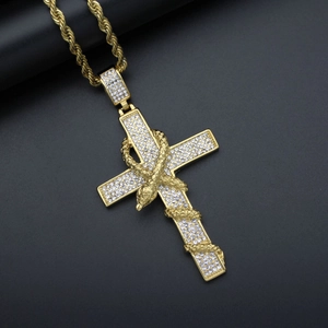 Gold-plated stainless steel cross necklace with snake wrap and cubic zirconia stones