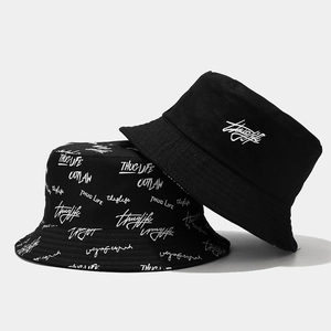 Cappelli a secchiello neri unisex in cotone con ricami di lettere e stampe streetwear