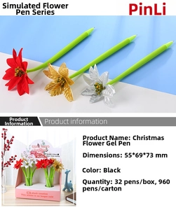 Close-up of red, gold and silver Christmas flower gel pens with 32pcs display box