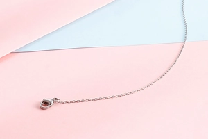 Detail of silver stainless steel lobster clasp and chain link on a soft pastel background