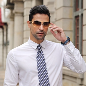 Classic gold aviator sunglasses with brown gradient lenses and blue striped tie set