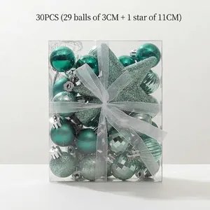 30-piece emerald green Christmas tree ornament set with baubles and glitter star topper