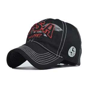 Classic washed black cotton baseball cap with red USA embroidery and vintage American style