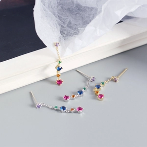 Detail of S925 sterling silver long fringe earrings with colorful zircon gemstones