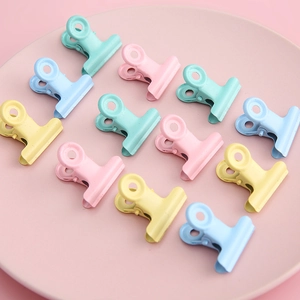 Colorful macaron metal binder clips in a pink ceramic dish for DIY and school