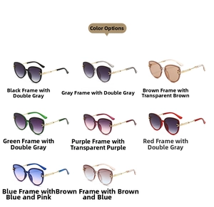 Macro view of eight stylish oversized cat-eye sunglasses with gradient lenses and metal temples