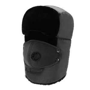 Deep grey winter trapper hat with warm faux fur lining and integrated breathing valve mask