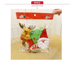 Detail view of handmade Christmas plush ornaments including Santa, Reindeer and Snowman