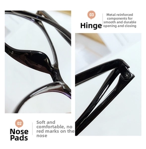 Detail of integrated nose pads and reinforced metal hinges on full-frame glasses