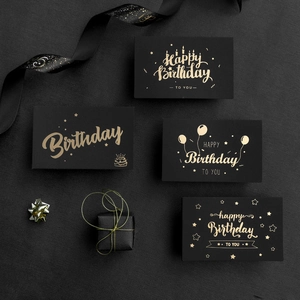 Elegant set of 4 black and gold foil birthday greeting cards with envelopes and gold ribbons