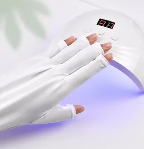 Detailed view of white UV-protective fingerless gloves for manicure skin protection
