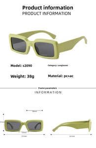 Gedetailleerde montuurspecificaties en maattabel voor S2090 retro-stijl zonnebrillen