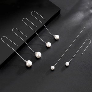 Elegant S925 silver threader earrings with glossy white shell pearls on a dark background