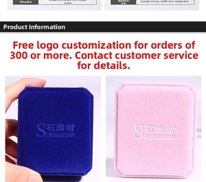 Velvet jewelry boxes for necklaces and bracelets showing dimensions and logo details