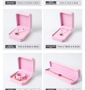 Various sizes of pink velvet jewelry boxes for rings, pendants, and bracelets