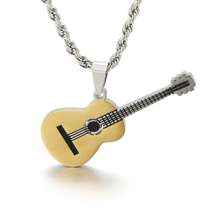 Hip hop guitar pendant necklace in gold and black with a textured silver twist chain